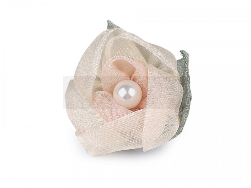Brosche Blüte aus Organza mit Perle - Beige Brosche, Reversnadel