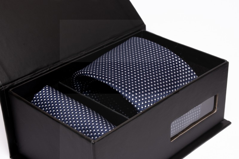   Premium Krawatte im Geschenkbox - Blau gepunktet Kleine gemusterte Krawatten