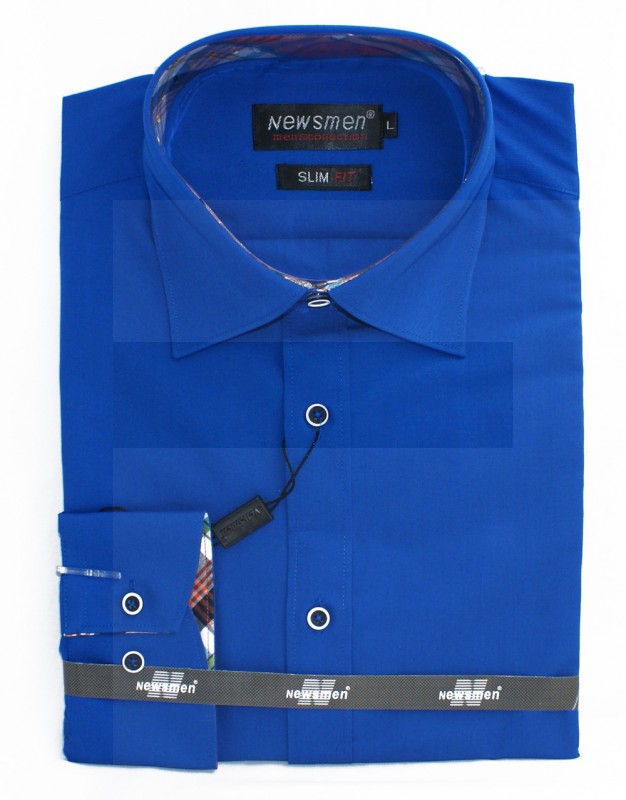   Newsmen Slim Langarm Hemd - Königsblau Einfarbige Hemden