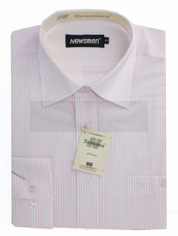  Newsmen 100% Baumwolle Langarmhemd - Hellrosa gestreift Gemusterte Hemden
