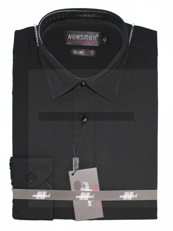     Newsmen Slim Langarm Hemd - Schwarz Einfarbige Hemden