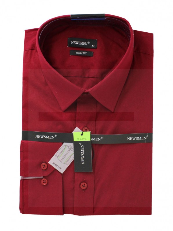     Newsmen Slim elastisches Langarmhemd - Bordeaux Einfarbige Hemden
