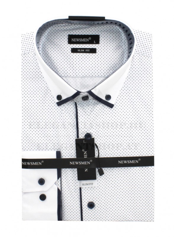                             NM 80% Baumwolle Slim Langarmhemd - Weiß gepunktet