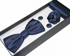Goldenland Fliege Set im Geschenkbox - Blau Gepunktet Krawattennadel, Manchettenknöpfe