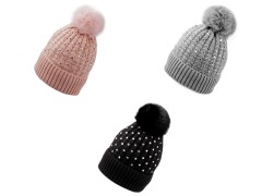                       Damen Wintermütze mit Bommel und Steinchen Hut, Mütze